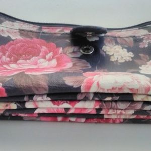 Retro Floral Pink And Black Multi Pocket Clutch with Card Slots and Inner Zips